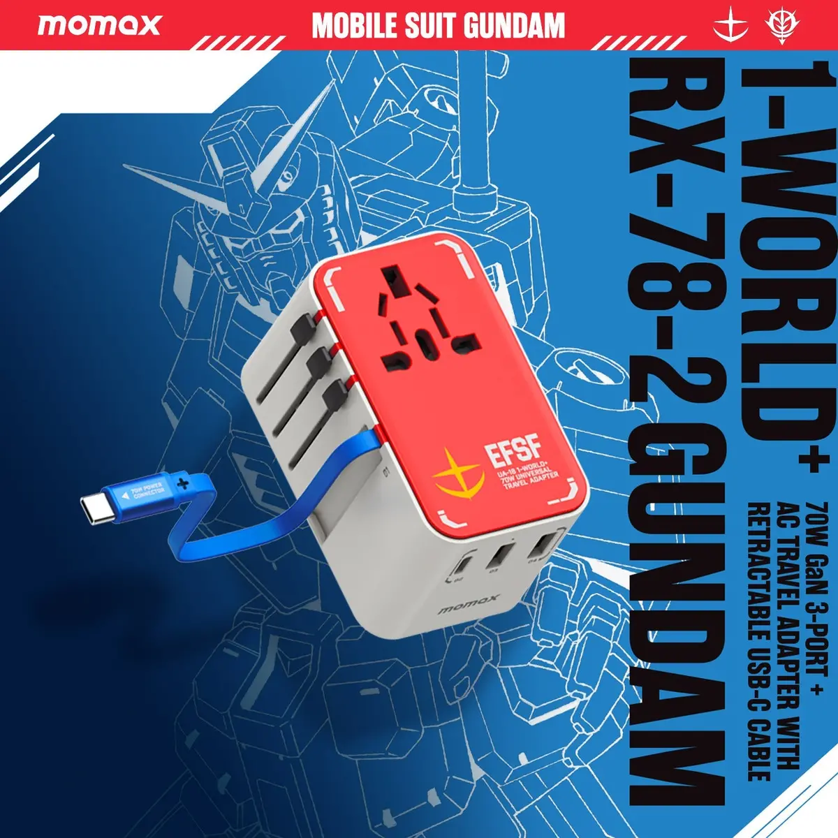 1-World+ 3-Port Travel Gan Charger With Built-In Usb-C Cable 70W Gundam 3