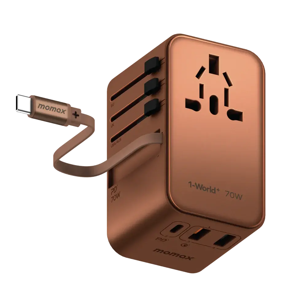 1-World+ 3-Port Travel Gan Charger With Built-In Usb-C Cable 70W 1