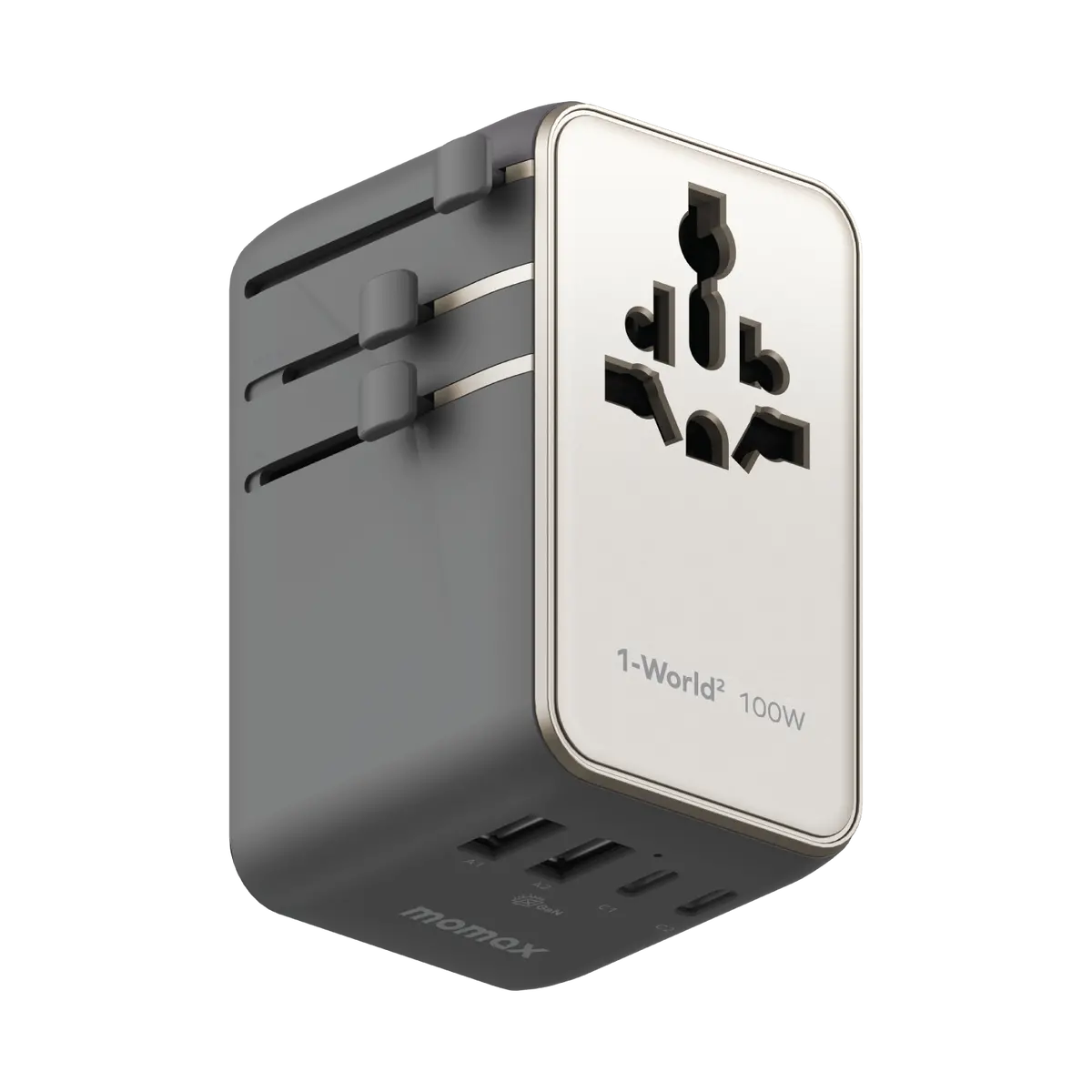 1-World²⁺ 4-Port Mini Universal Travel Gan Charger With Built-In Retractable Cable 100W With Dual Ac 1